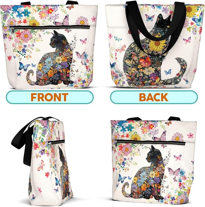 Waterproof Tote Bag with Pockets and Zipper for Work. Shoulder Bag for Women. Gift for Cat Lover Cat Owner.