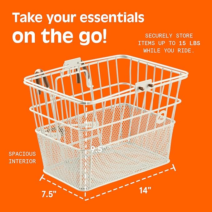 Retrospec Apollo Detachable Front Bike Basket Steel Half-Mesh with Integrated Detachable Hooks and Built-In Handle, Easy Assembly and Portability for Bicycles