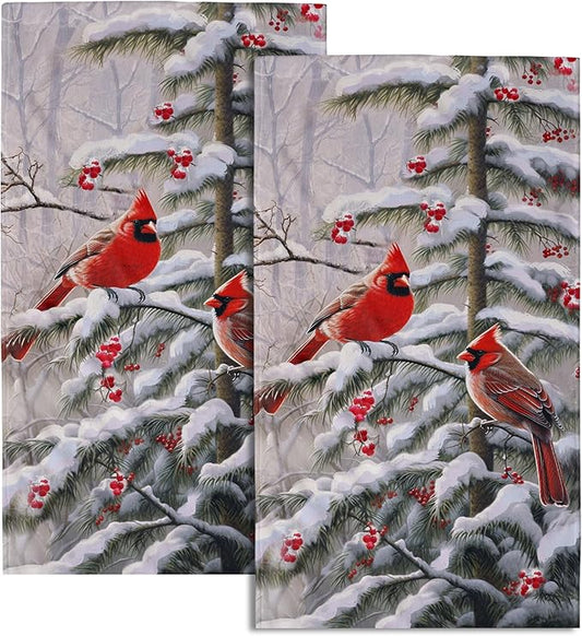 Red Bird Hand Towels Winter Berry Bathroom Decorative Bath Towels Set of 2 Soft Absorbent Dish Fingertip Towels for Home Kitchen Gym