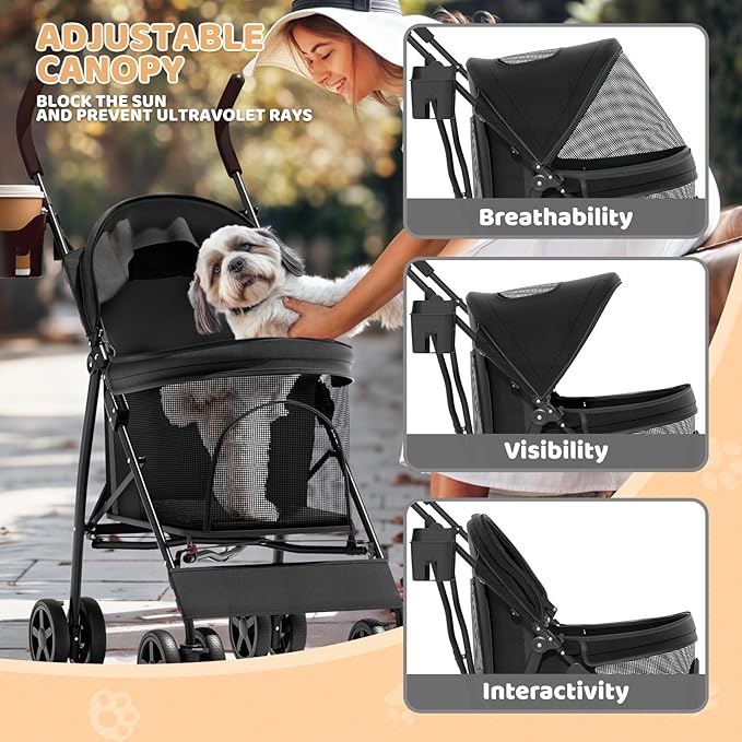 Magshion Compact Pet Stroller for Small-Medium Dogs/Cats up to 22lbs, 4-Wheel Lightweight Umbrella Shaped Portable Puppy Travel Jogger with Breathable Mesh, Cup Holder & Rear Storage, Black