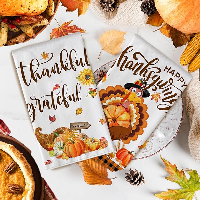 Hexagram Thanksgiving Kitchen Towels-Thanksgiving Kitchen Decor, Decorative Dish Tea Towels with Sayings-Fall Housewarming Gifts for Decorations, Turkey and Pumpkins Hand Towels Set of 4