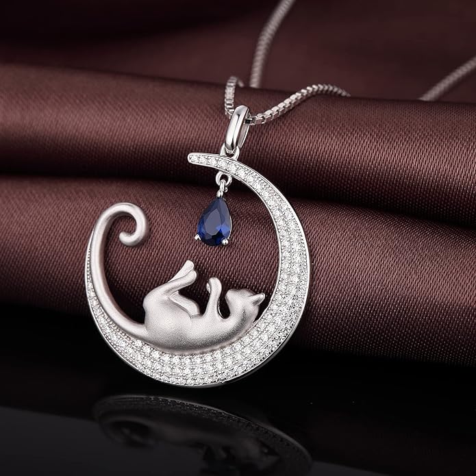 jiamiaoi 18K White Gold Plated Cat Necklace 925 Sterling Silver Diamond Cat Necklace Silver Cat On Moon Necklace for Women Gift for Birthday/Christmas, Come with Gift Box