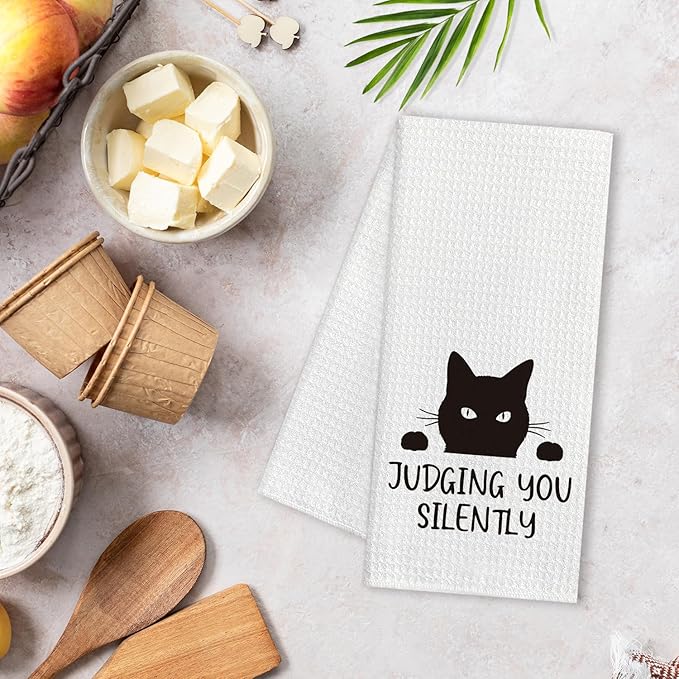 Judging You Silently,Funny Kitchen Towels,Dish Towels for Kitchen Decor,Funny Joked Themed Dishcloth,Black Cat Dish Towels,Housewarming Gift for Cat Lovers,Funny Kitchen Gifts