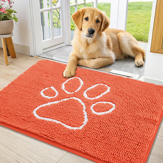 Smiry Dog Door Mat for Muddy Paws, Absorbent Dirt Trapper Non Slip Quick Dry Washable Chenille Mat for Mud Dogs, Entry Rug for Indoor and Outdoor (36x24 Inches, Coral)