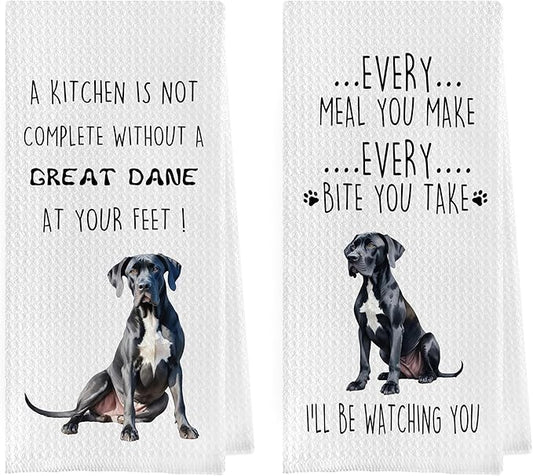 Great Dane Dish Towels Set - Funny Great Dane Decorative Waffle Kitchen Towels, Hand Towel, Tea Towel (16×24 Inches, Set of 2)