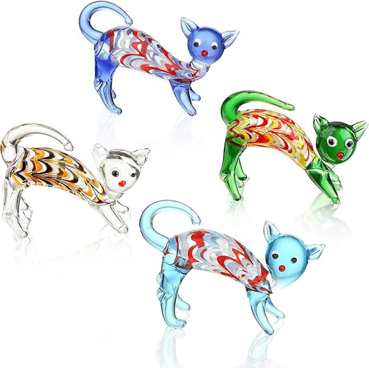 HDCRYSTALGIFTS 4PCS Hand Blown Glass Cat Figurines Collectible, Art Glass Cat Miniature Animal Statue Kitten Sculpture for Home Decor Gift