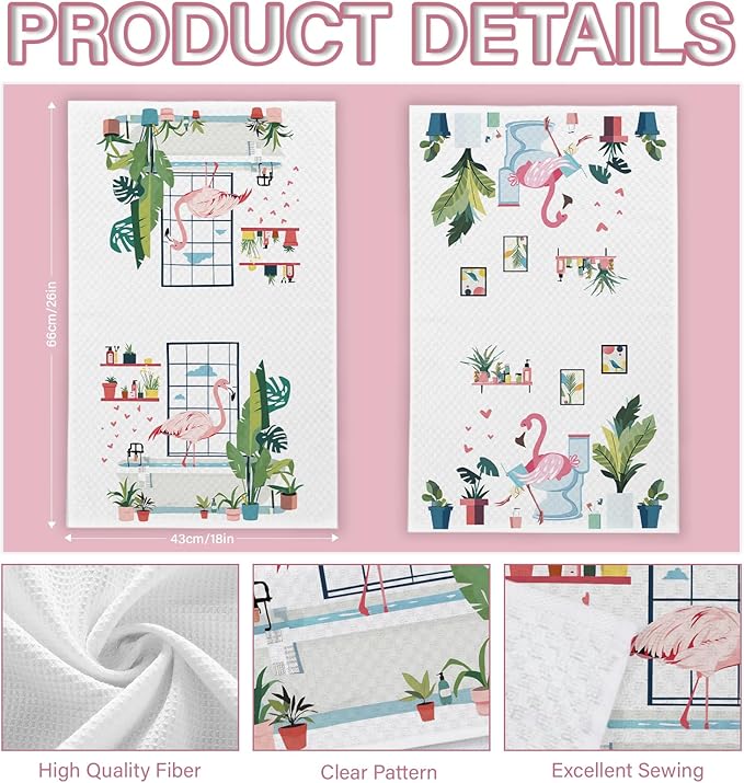 Pink Flamingo Decor Kitchen Towels for Bathroom Set of 2, Flamingo Bathroom Decor, Flamingo Gifts for Women, Cute Flamingos Waffle Weave Dish Towels 18x26 Inch