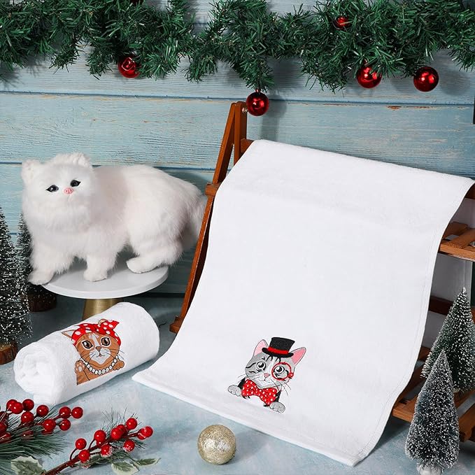 2 Pack Cat Kitchen Towels for Cat Lovers Gift Hand Bath Towels Sets for Bathroom 14 x 29 in 100% Cotton Embroidered Kitten Dish Tea Towel Christmas Holiday Kitchen Items
