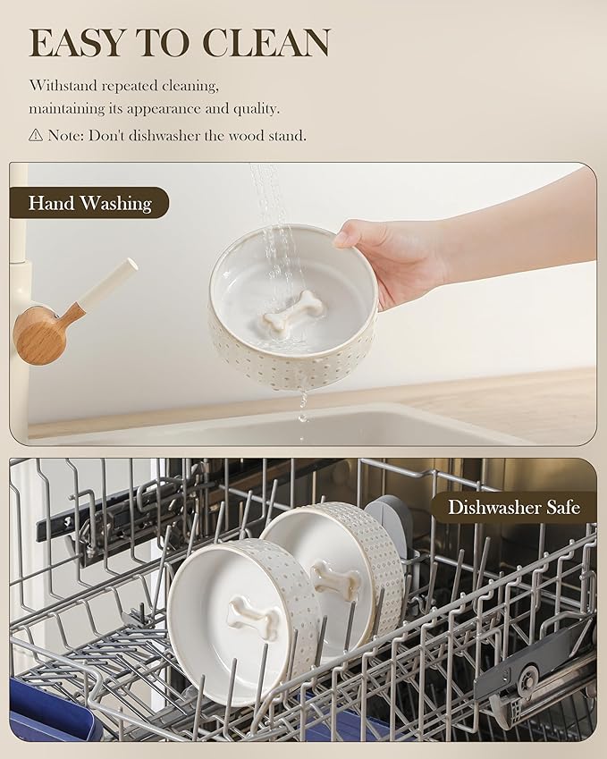 MALACASA Dog Bowl Set with Walnut Wood Stand, 1.5 Cups Ceramic Pet Bowls for Puppy Dogs, Dual Food and Water Bowls with Weighted Non-Slip Base, Basic Bowls for Your Dog or Cat, Rhombic & Polka Dots