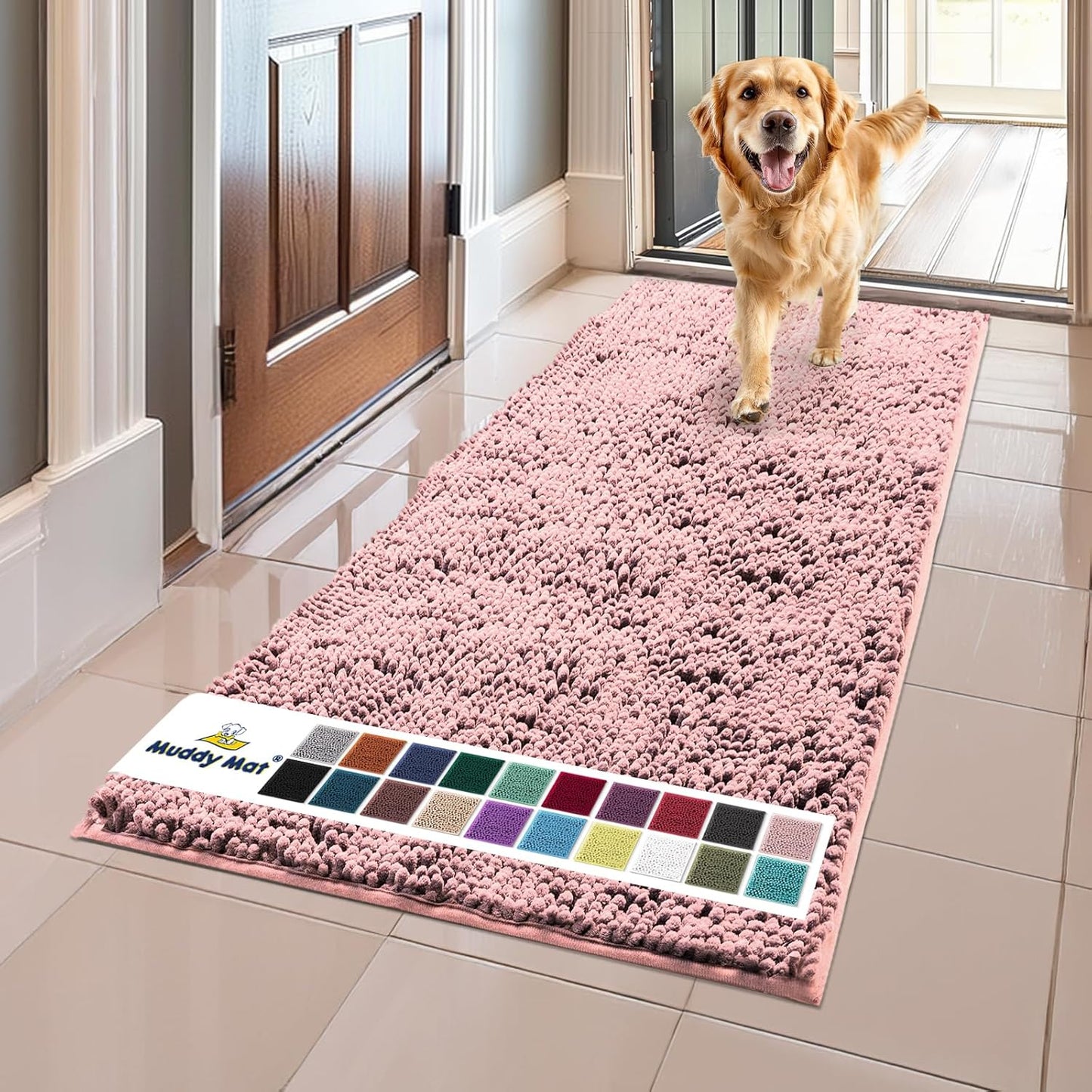 Muddy Mat® Original Dog Door Mat for Muddy Paws, Super Absorbent Microfiber, Non-Slip Washable Pet Rug, Quick Dry Chenille Entryway Carpet, Machine Washable Indoor Outdoor mat, Pink 24"x60"