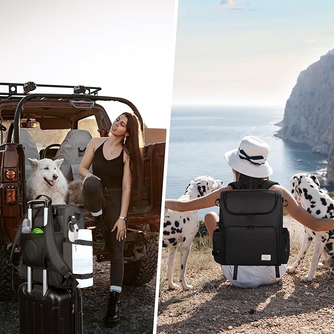 Modoker Dog Travel Bag Backpack, Airline Approved Pet Accessories Organizer for Dog and Cat with Shoulder Strap, 2 Dog Food Storage Containers, 2 Collapsible Dog Bowls,1 Pet Mat, Black