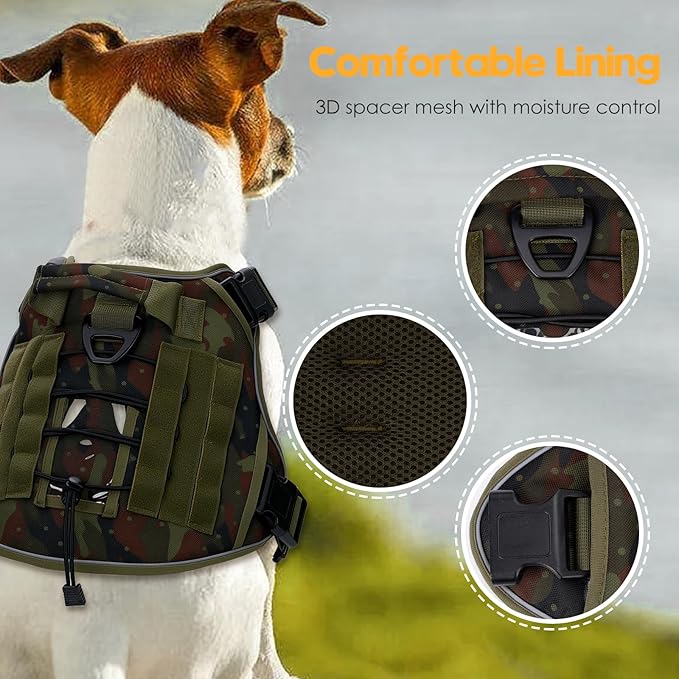 Heavy-Duty Tactical Dog Harness for Large Dogs, No Pull Adjustable Reflective Pet Vest with Molle System, K9 Military-Grade Control for Service Training, Outdoor & 10+ Breeds, Green Camo, Large