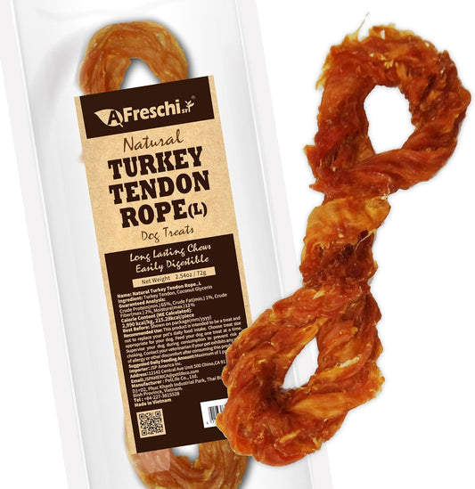 AFreschi Turkey Tendons for Dogs, USA-Sourced, Healthy Dog Treats, Rawhide-Free Puppy Chews, Long Lasting, All Natural, Hypoallergenic Dog Treats for Large Breeds, 1 Count Pack Rope (L)