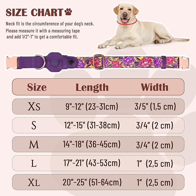 AirTag Dog Collar for Small Medium Large Breed - Adjustable Cute Pattern Dog Collar with Airtag Holder - Soft Leather Tracker GPS Apple Air Tag Pet Collars (X-Small, 9"-12" Neck Fit, Peonies)