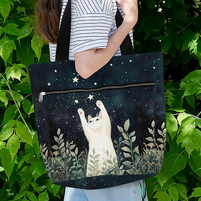 Waterproof Tote Bag with Pockets and Zipper for Work. Shoulder Bag for Women. Gift for Cat Lover Cat Owner.