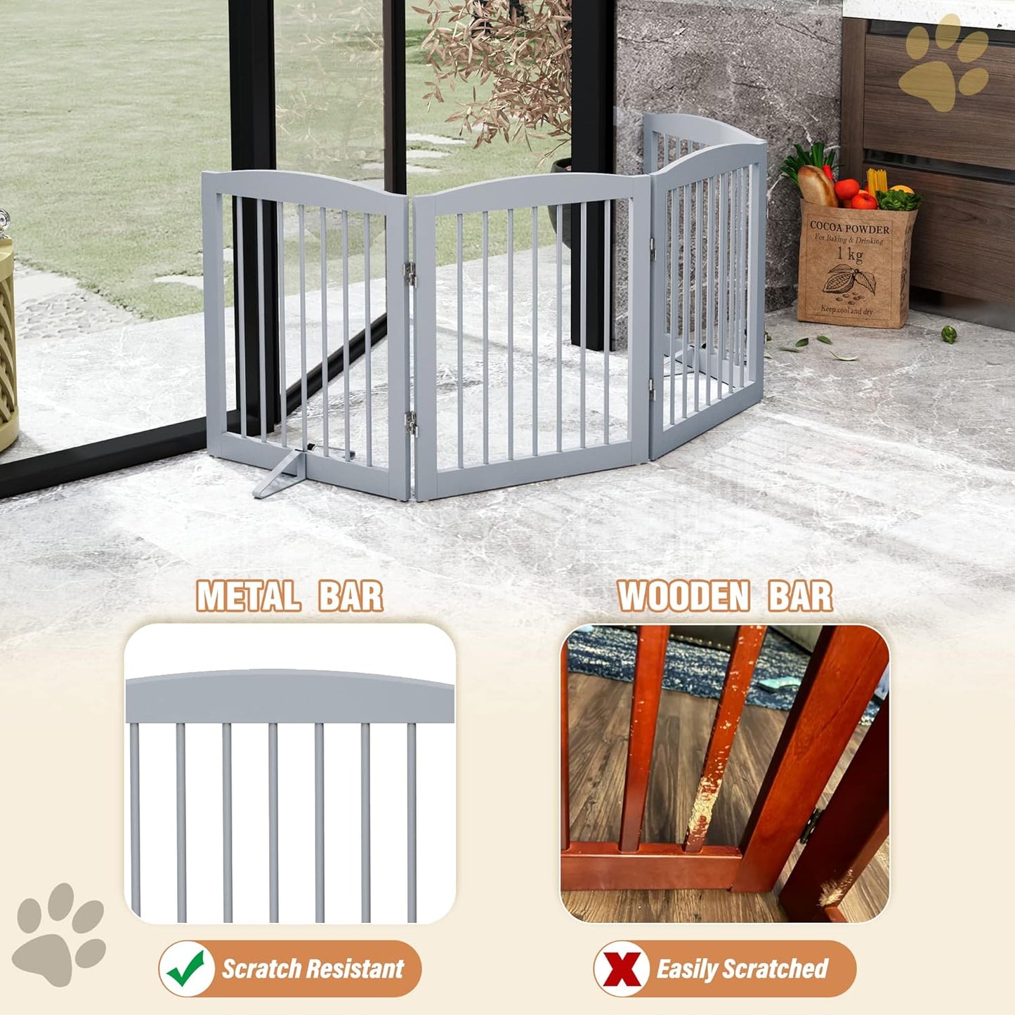 Freestanding Pet Gate - Foldable Wooden Dog Gate for House, Indoor, 80 Inch Wide, 4 Panels 24", Grey