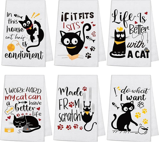6 Pcs Cat Kitchen Dish Towels with Sayings, Cute Hand Towels for Cat Lover Halloween Housewarming Gifts
