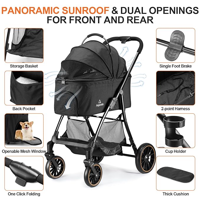 Pet Stroller for Small/Medium Dogs & Cats up to 55 lbs, Upgraded 4 Wheels Dog Stroller for Large Dogs, 3-in-1 Foldable Portable Travel Carrier for 2 Cats with Storage Basket and Cupholder