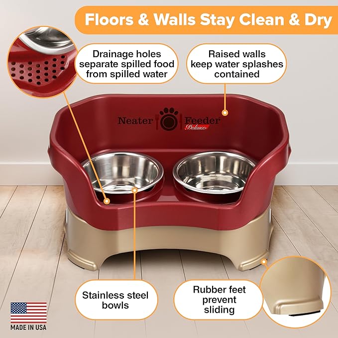Neater Pet Brands Neater Feeder Deluxe Mess Proof Dog Bowls Elevated for Medium Dogs 19-40 lbs, Made in USA, No Spill Raised Dog Food Bowl Stand Feeding Station, Food and Water Bowl Set, Cranberry