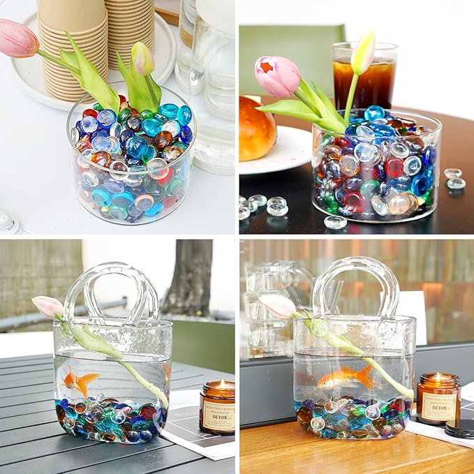 10LB Mixed Color Flat Glass Marbles for Vases, Mancala Stones Gemstone Beads Vase Filler Decorative Glass Pebbles for Fish Tank, DIY Crafts, Mosaics, Aquarium Decor Rocks, Candle Holders