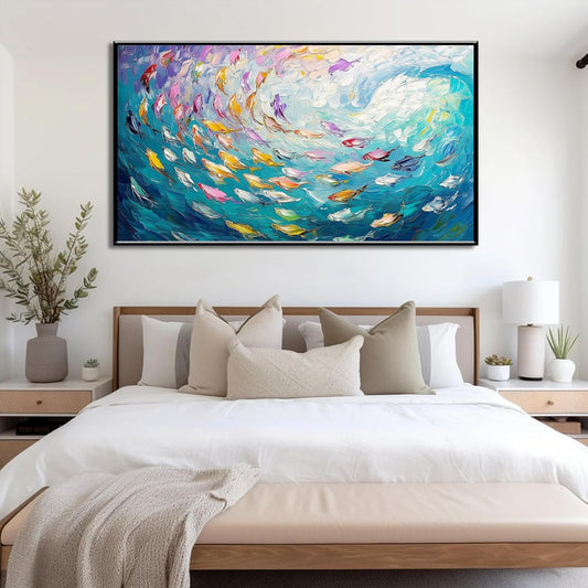 Fish Canvas Wall Art, Abstract School of Fish Canvas Wall Art, School of Fish Painting Canvas, School of Fish Wall Art, Fish Wall Decor, Fish Pictures Wall Decor, Bedroom Canvas Wall Decor (Black Framed, 69"x39" | 174x98cm)
