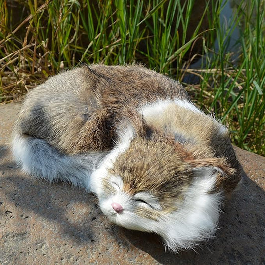 Realistic Furry Sleeping Cat Figurine Simulation Kitty Lifelike Kitten Home Office Shelf Decorative Statue, Synthetic Fur Pet Replica (Brown)