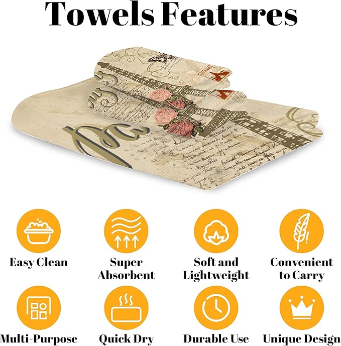 Vintage Paris Butterfly Eiffel Tower 3-Piece Bath Towel Set, Soft Absorbent Cotton, Fast Dry Home Family