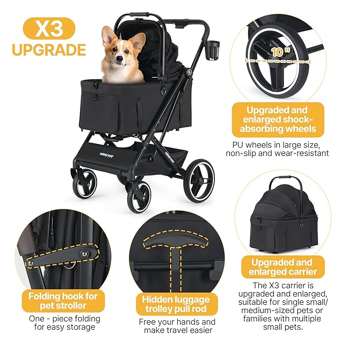 X3 2 in 1 Pet Stroller for Medium or Two Small Dogs & Cats 4 Wheels Lightweight Foldable Carrier Dog Stroller with Waterproof Weather Cover Cup Holder,Storage Basket(Black)
