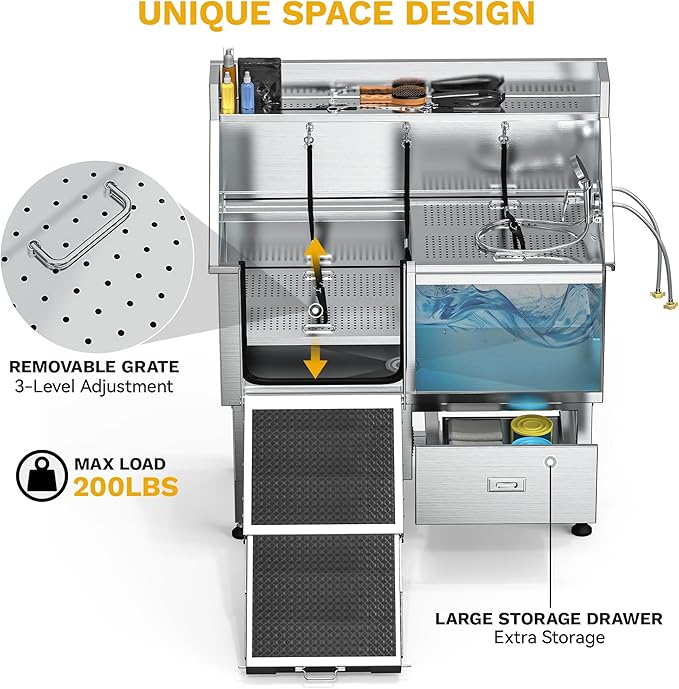 DWVO Professional Dog Bathing Station Stainless Steel 304 Pet Bathtub, 50in Dog Grooming Tub w/Right Door Ramp, 2 Storage Drawers, Grate, Pet Washing Station for Large, Medium, Small Pets