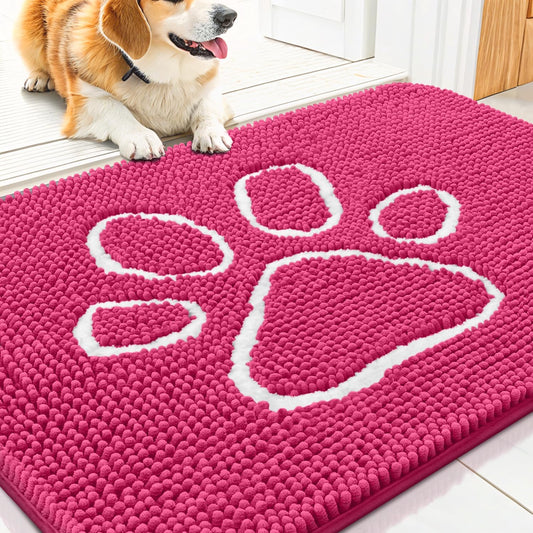 Smiry Dog Door Mat for Muddy Paws, Absorbent Dirt Trapper Non Slip Quick Dry Washable Chenille Mat for Mud Dogs, Entry Rug for Indoor and Outdoor (30x20 Inches, Hot Pink)