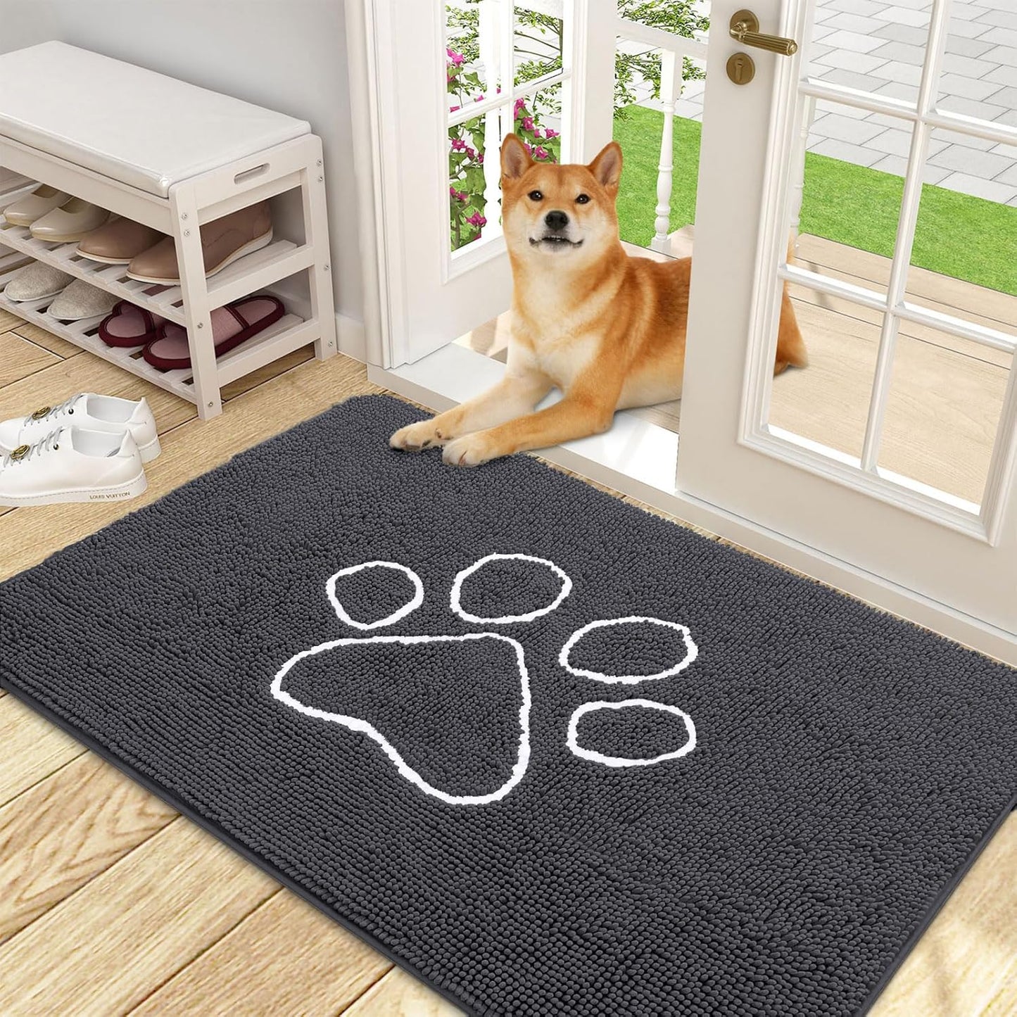 OLANLY Door Mat for Muddy Dog Paws 48x30, Ultra Absorbent Chenille Mud Doormat with Paw Print Design, Non-Slip Washable Doormat for Indoor Entryway, Quick-Dry Pet Bed Mats for Dirty Dogs, Dark Grey