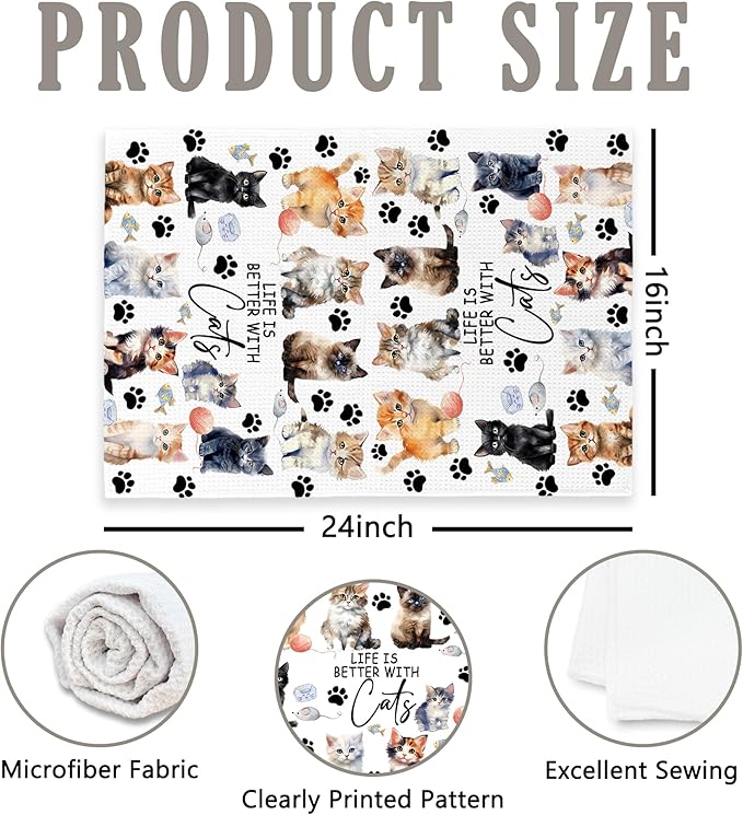 Watercolor Cat Kitchen Towels Set of 2, Cats Gifts for Women Cat Lovers, Cats Owner Gifts Decoration Tea Towels Kitchen Hand Towels 16x24 Inch