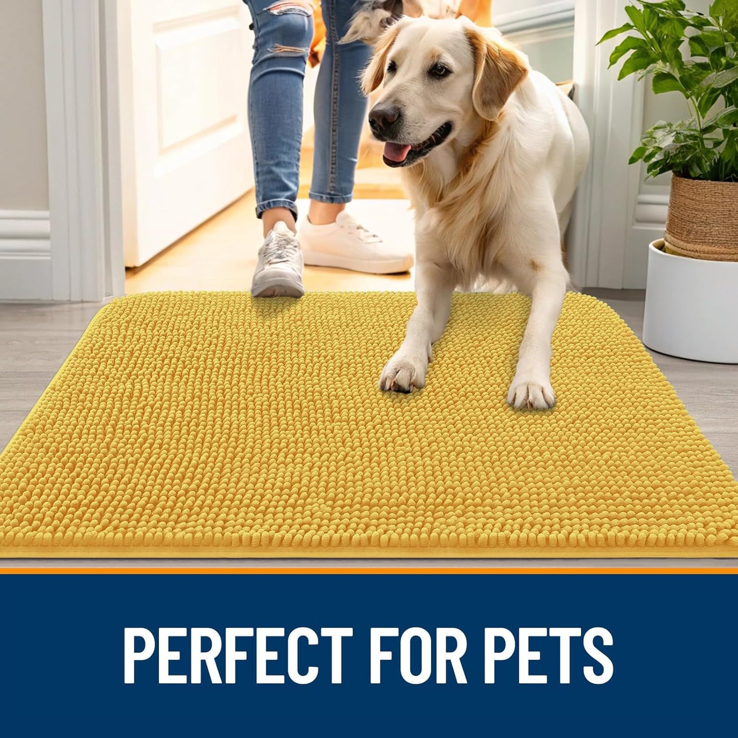 OLANLY Dog Door Mat for Muddy Paws 47x24, Absorbs Moisture and Dirt, Absorbent Non-Slip Washable Doormat, Quick Dry Chenille Mud Mat for Dogs, Entry Indoor Entryway Carpet for Inside Floor, Yellow