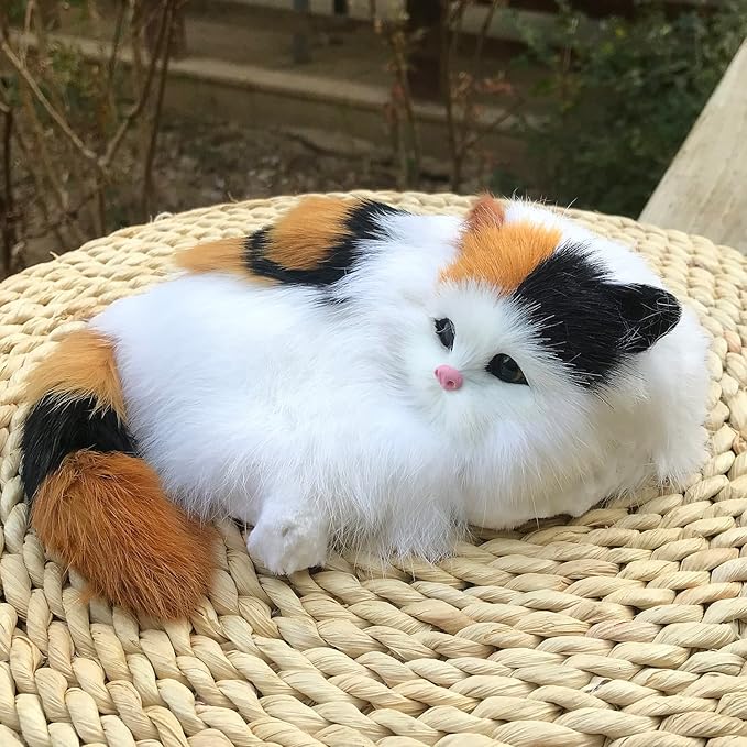 Realistic Plush Baby Calico Cat Figurine - Fluffy Decor for Home & Office Synthetic Kitten, Photo Props, Collectible Gift House Animal Kitty Replica