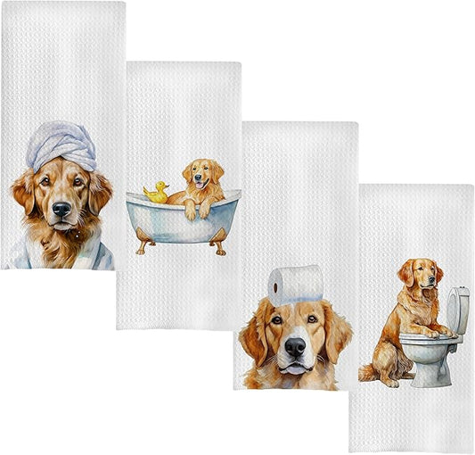 Funny Golden Retriever Bathroom Hand Towels, Gifts for Golden Retriever Women Dog Lovers Decorative Hand Towels for Bathroom, Funny Dog Kitchen Towels, 16x24 Inch Set of 4