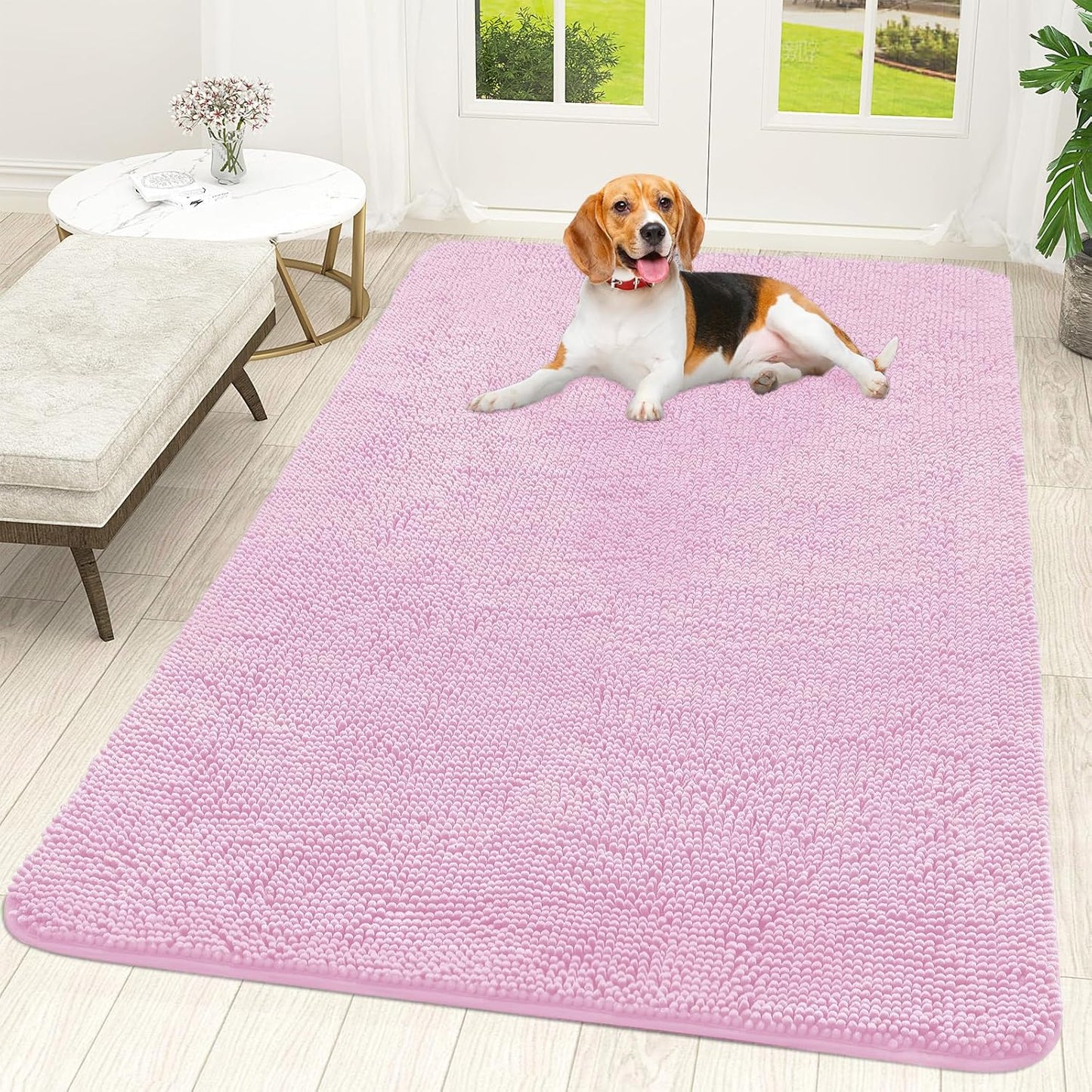 OLANLY Dog Door Mat for Muddy Paws 59x35, Absorbs Moisture and Dirt, Absorbent Non-Slip Washable Doormat, Quick Dry Chenille Mud Mat for Dogs, Entry Indoor Entryway Carpet for Inside Floor, Pink