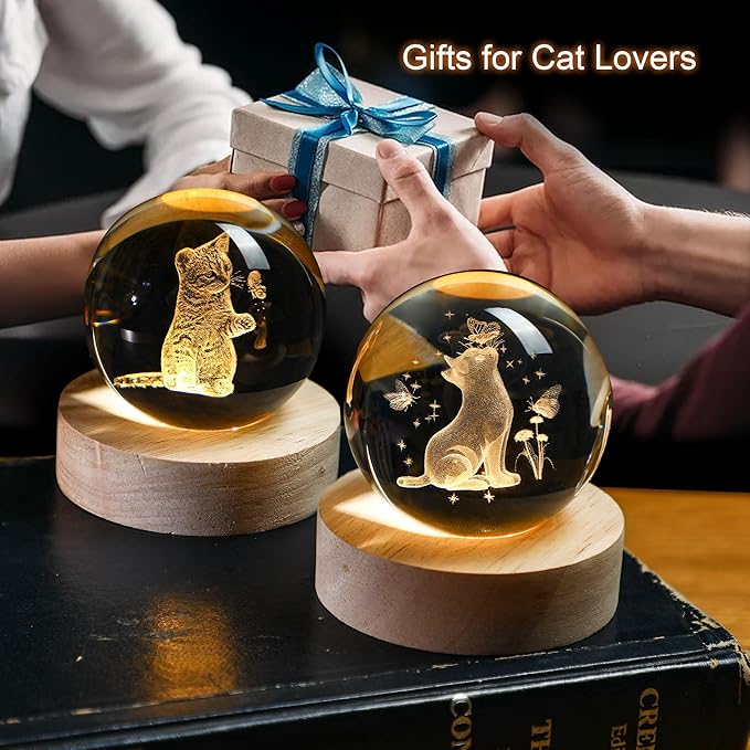 YU FENG 3D Carved Cat Crystal Ball with Luminous Base for Cat Lovers 2.36 Inches