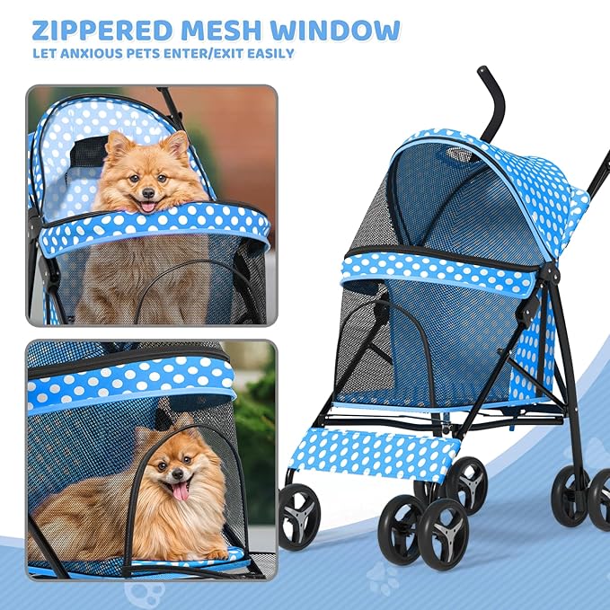 Magshion Compact Pet Stroller for Small-Medium Dogs/Cats up to 22lbs, 4-Wheel Lightweight Umbrella Shaped Portable Puppy Travel Jogger with Breathable Mesh & Rear Storage, Sky Blue Polka Dots