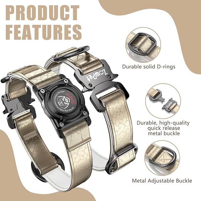 Airtag Dog Collar - Leather Dog Collar with Airtag Holder| IP68 Waterproof AirTag Holder with Metal Buckle, Comfortable GPS Dog Collars Tracker for Medium Large Dogs (Champagne Gold, M)