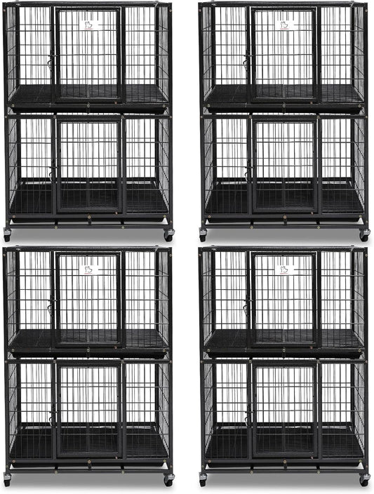 Homey Pet Four Packs 31 Inch Stackable Heavy Duty Dog Crate Cage Kennel with Four Lockable Wheels, Removable Tray, Escape Proof Wire Drop Dog Crates for Small Dogs (Two Tiers)