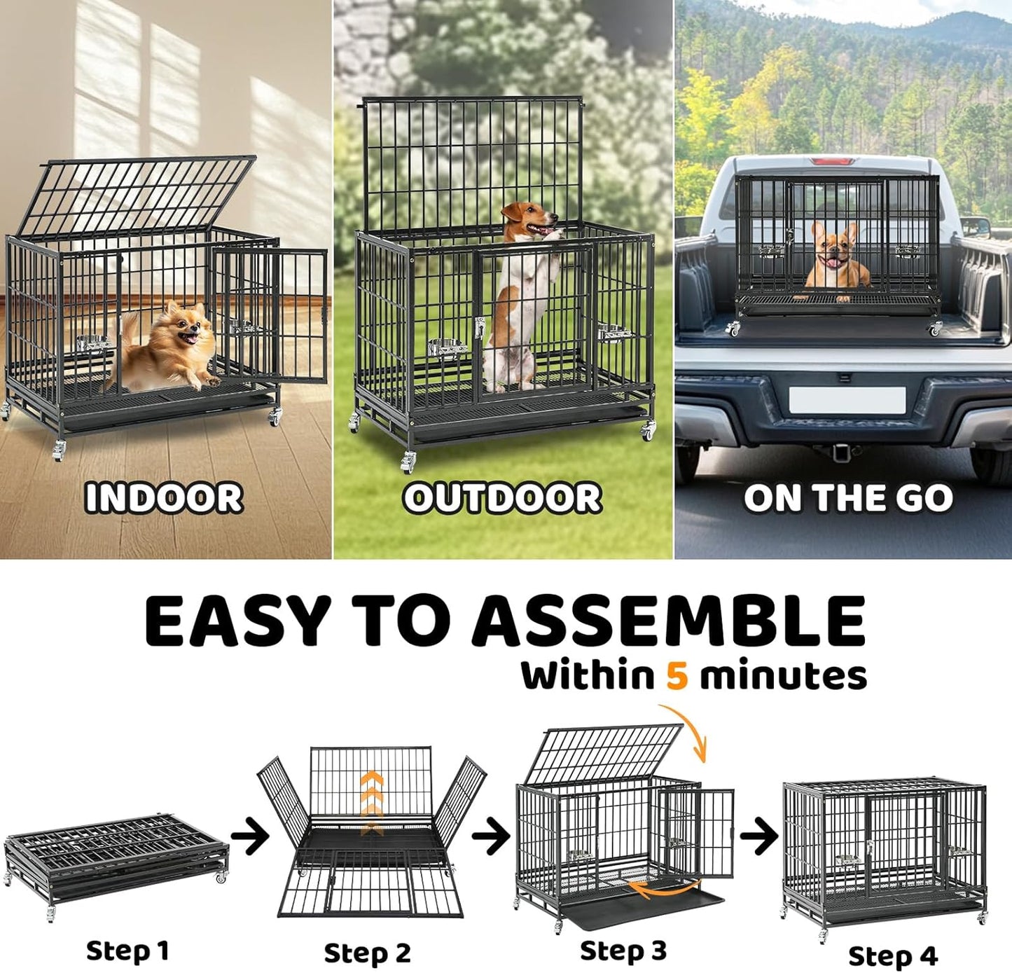 Homey Pet 37 inch Stackable Heavy Duty Dog Crate, Indestructible Escape Proof Dogs Cage Kennel with Lockable Wheels, Removable Tray & Metal Grid, Double Doors for High Anxiety Medium/Small Dogs