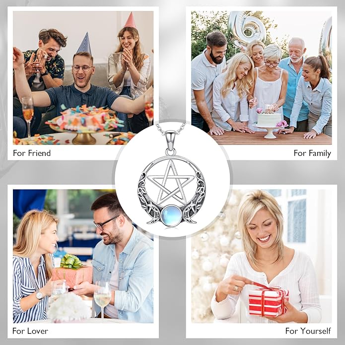 Witch Necklace 925 Sterling Silver Pentagram Triple Moon Pentacle Pendant Wiccan Pagan Jewelry Witchy Gifts for Women