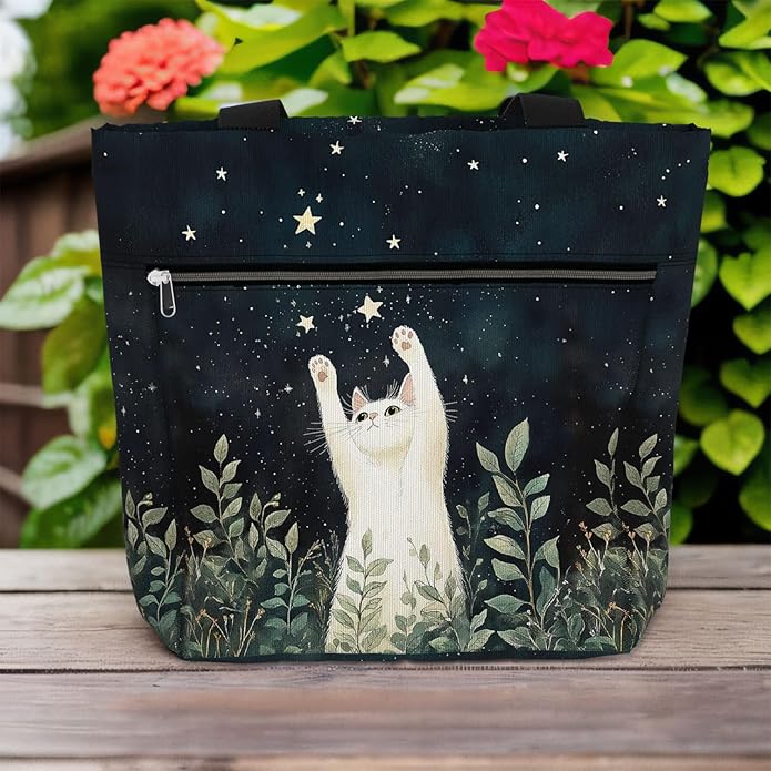 Waterproof Tote Bag with Pockets and Zipper for Work. Shoulder Bag for Women. Gift for Cat Lover Cat Owner.
