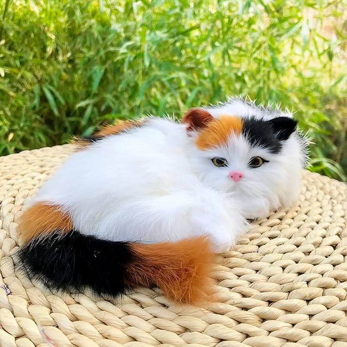 Realistic Plush Baby Calico Cat Figurine - Fluffy Decor for Home & Office Synthetic Kitten, Photo Props, Collectible Gift House Animal Kitty Replica
