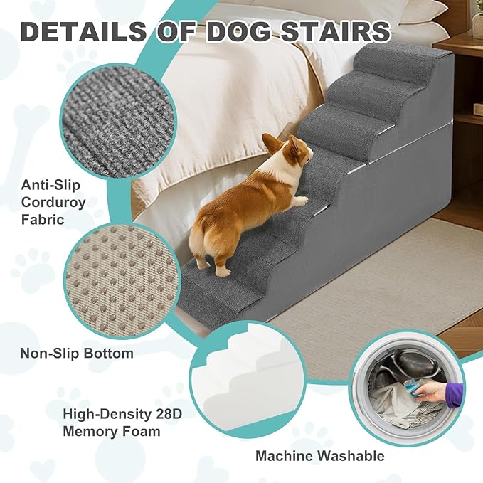 6-Step Dog Stairs for High Bed - 25.5" Adjustable Dog Ramps for Couch, Non-Slip Sturdy Pet Steps for Small Dogs, Washable Cover, Removable Modular Design, Dual 11” & 14.5” Steps for Custom Height