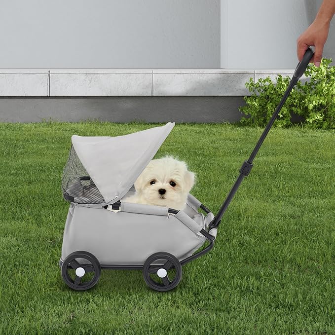 Small Dog Stroller, Pe4-Wheel Portable Dog & Cat Stroller with Semi-Open Design, Foldable Pet Cart with Canopy for Small Dogs or Cats Weighing Less Than 15.43 Pounds (Grey)