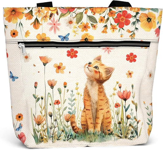 Waterproof Tote Bag with Pockets and Zipper for Work. Shoulder Bag for Women. Gift for Cat Lover Cat Owner.