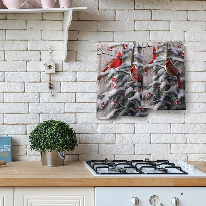 Red Bird Hand Towels Winter Berry Bathroom Decorative Bath Towels Set of 2 Soft Absorbent Dish Fingertip Towels for Home Kitchen Gym