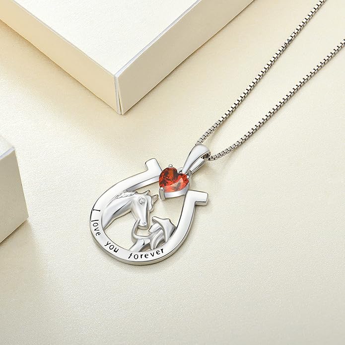 YL Women's Horse Necklace 925 Sterling Silver Horseshoe Pendant Birthstone Animals Jewelry