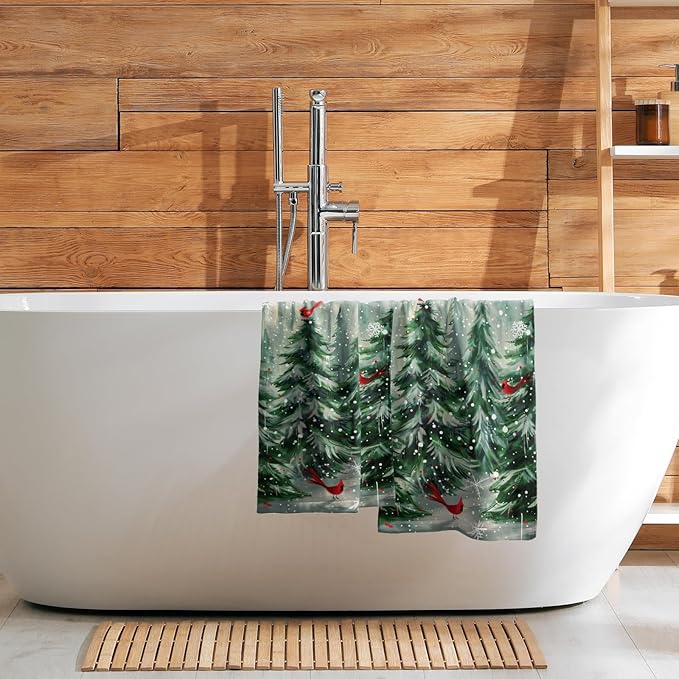 Winter Pine Tree Hand Towels Set of 2 Red Bird Decorative Bath Towel Soft Highly Absorbent Kitchen Tea Dish Towels for Bathroom Spa Gym